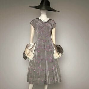 1950s Gray Jacquard Silk Taffeta Pink Floral Tea Dress Fit Flare Vintage Small